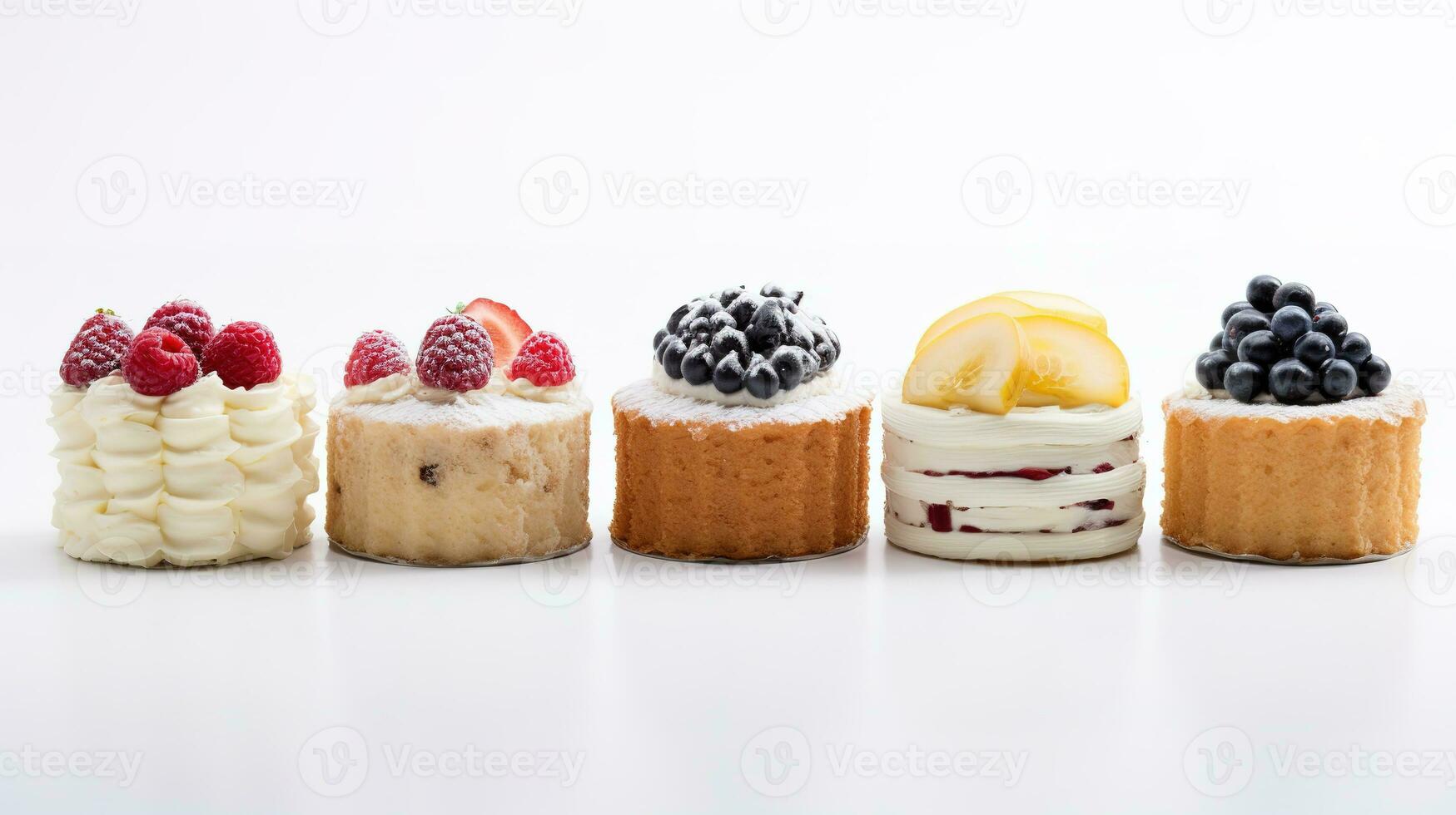 Set of delicious cakes. Small sweet cakes isolated on white background. Bakery products. Banner design. Generative AI photo