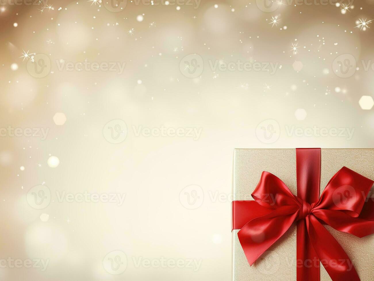 Holiday beige background with gift, red satin bow, ribbon with Copy space. Generative AI photo