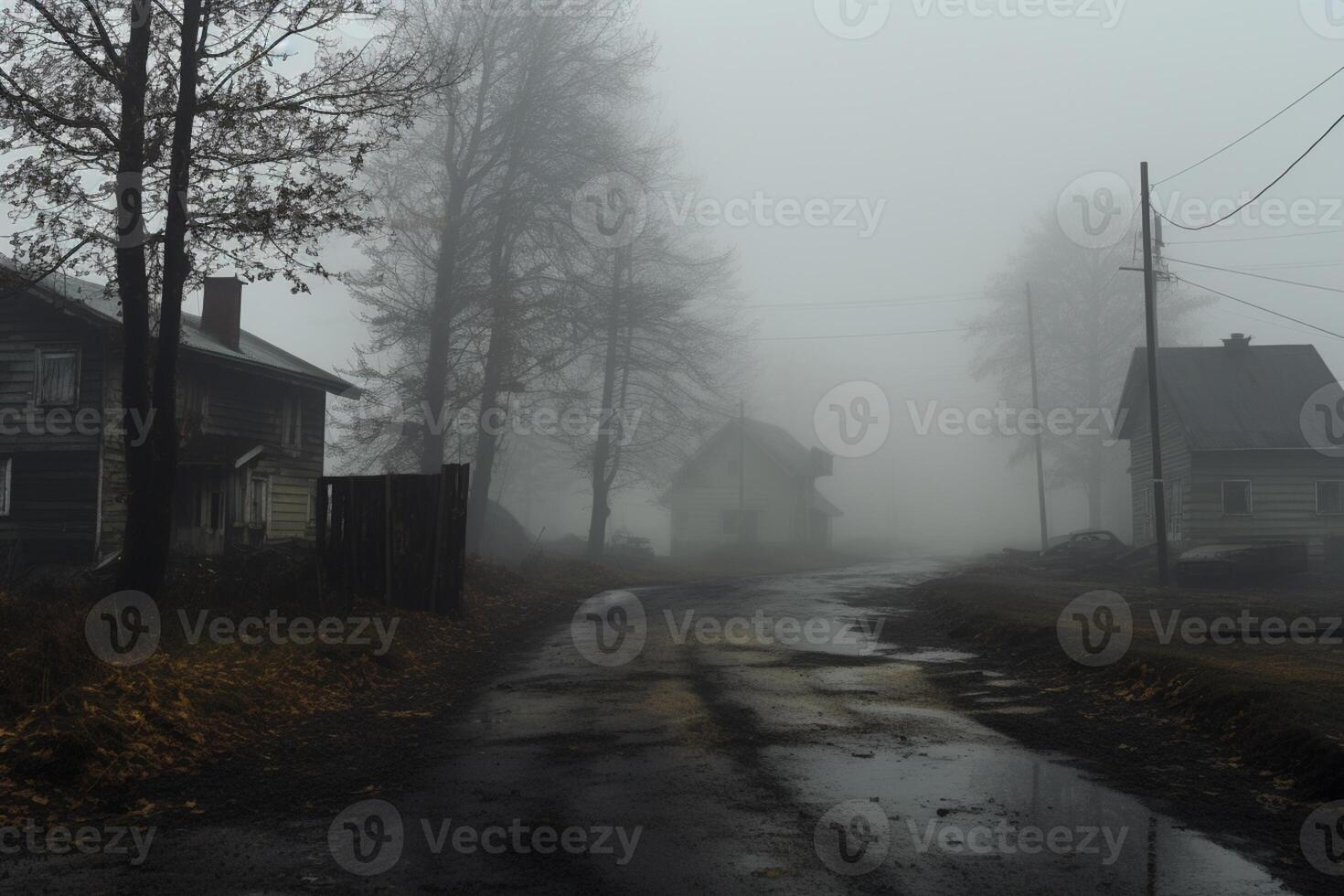 Empty illuminated ghost town street lamps lighting up the road through the trees and village in a fog on a rainy autumn day, street lanterns. English countryside scenes. Generative AI photo