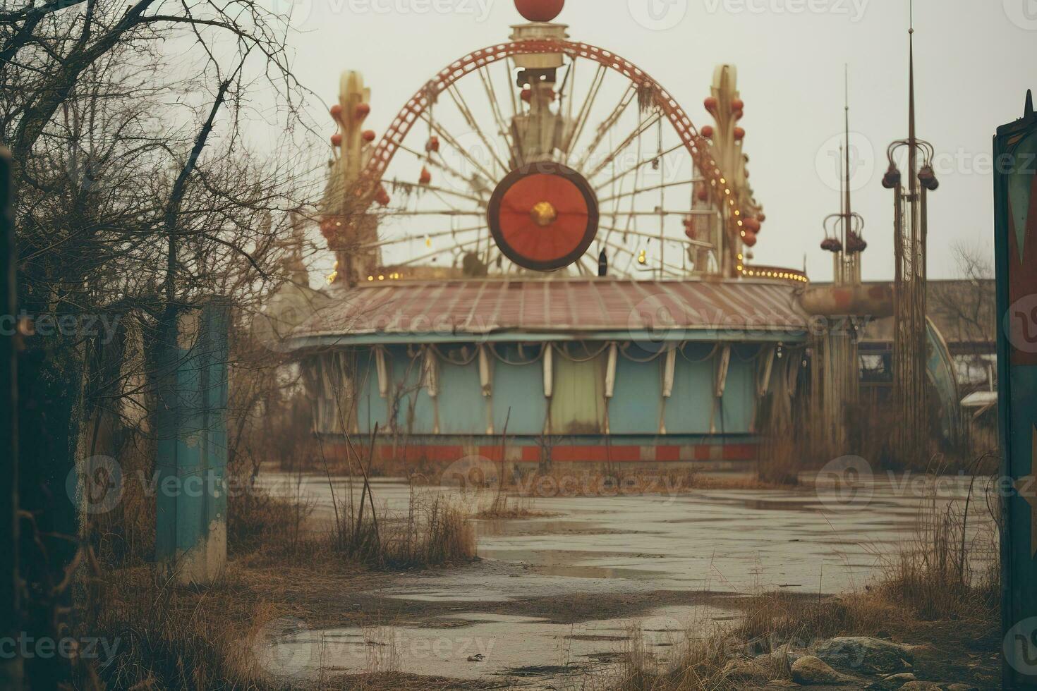 Nighttime abandoned amusement park with sanatorium, ferris wheel, and foggy park. Background concept for Halloween. Generative AI photo