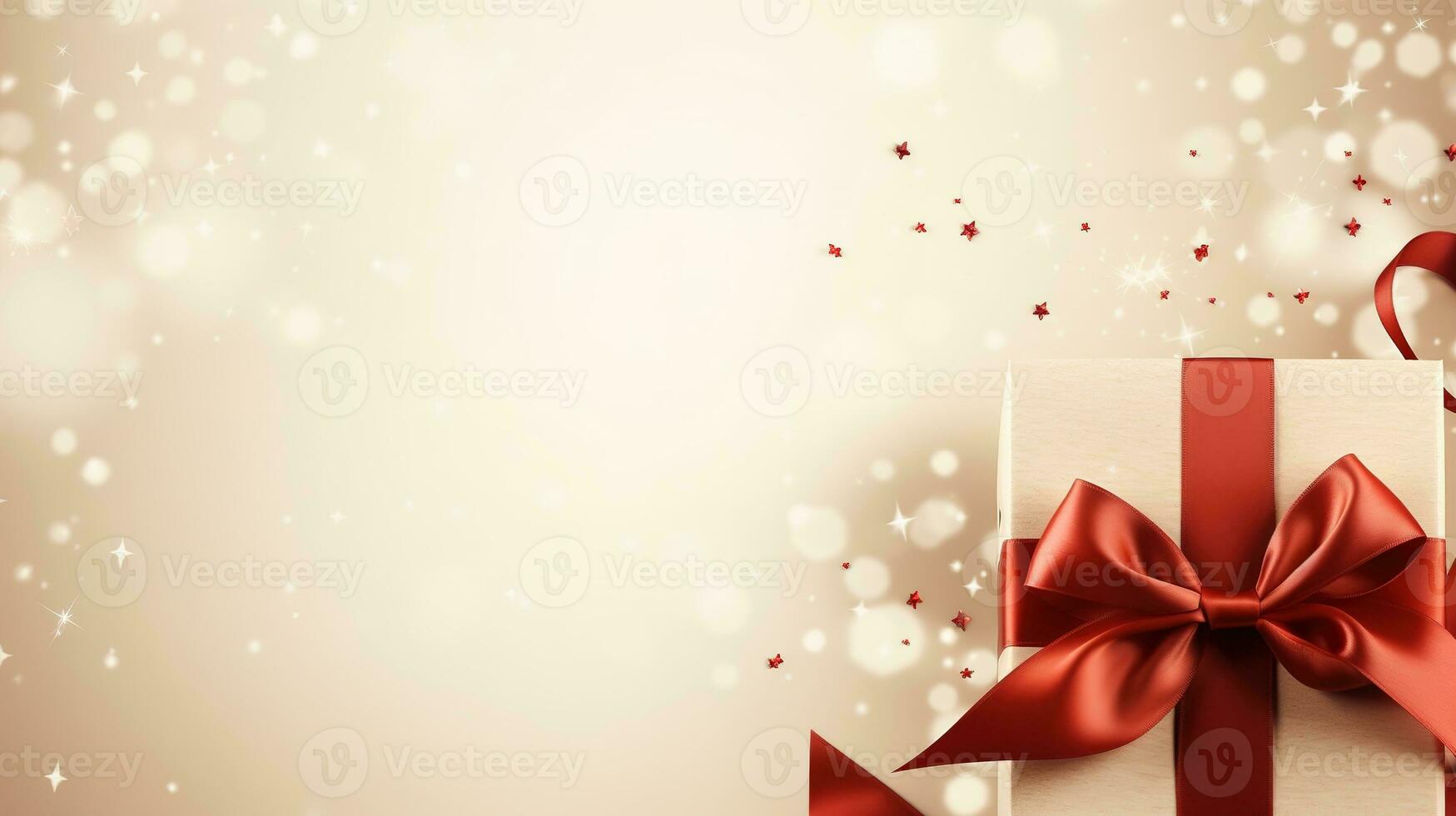 Holiday beige background with gift, red satin bow, ribbon with Copy space. Generative AI photo