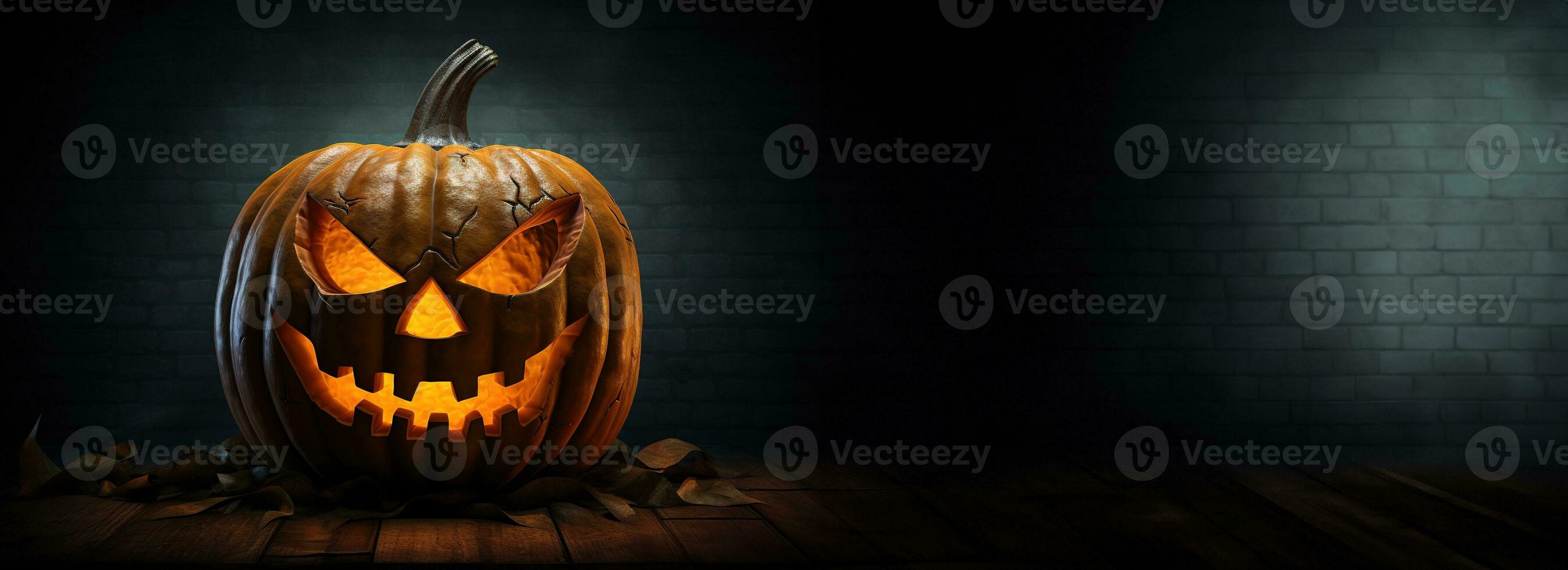 Víspera de Todos los Santos calabaza cabeza Jack-o-lantern en oscuro antecedentes. generativo ai foto