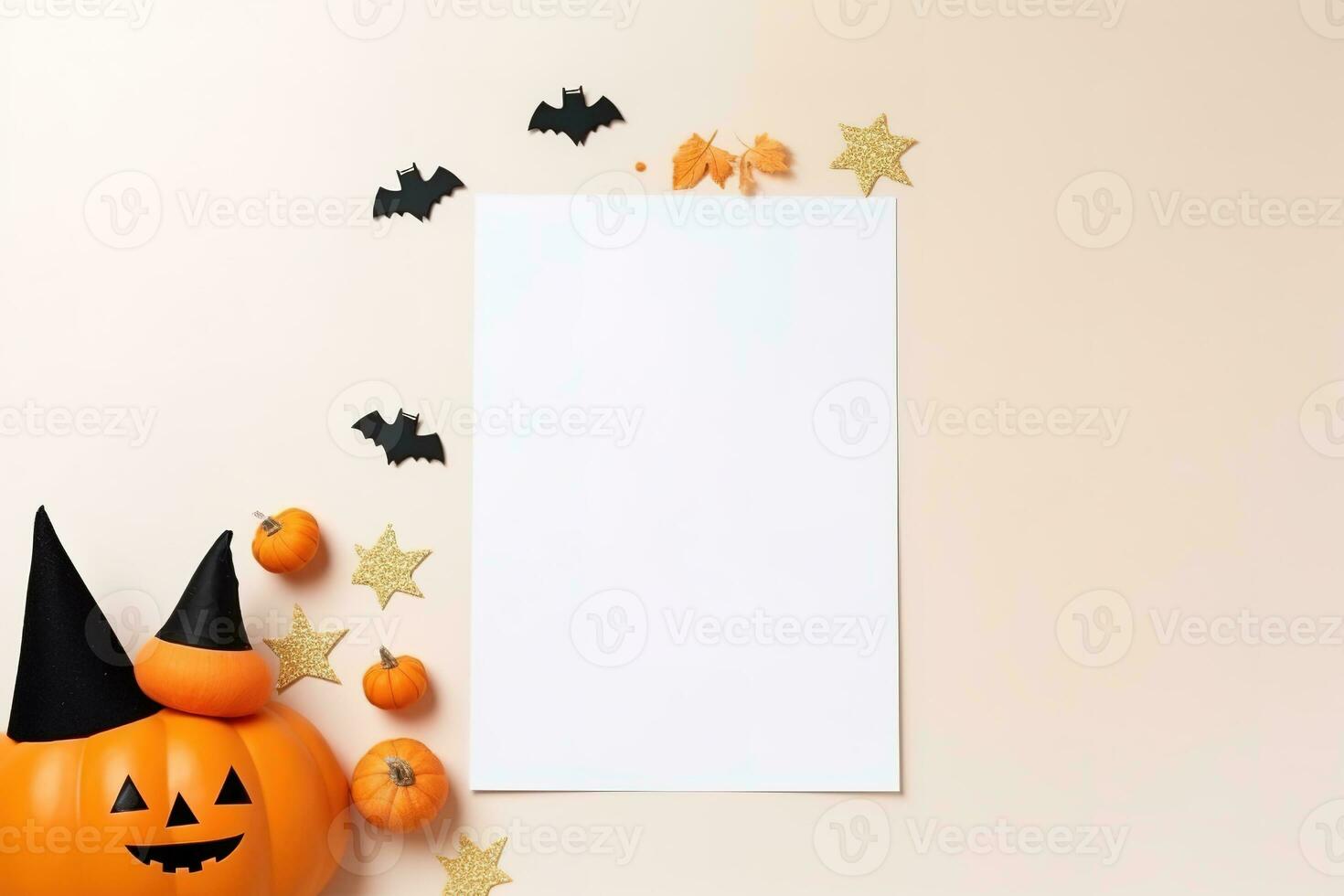 Blank paper sheet with Halloween decorations on pastel background. Greeting card, invitation mockup. Place for inscription. Pumpkin. Modern Minimal business template. top view. Generative AI photo