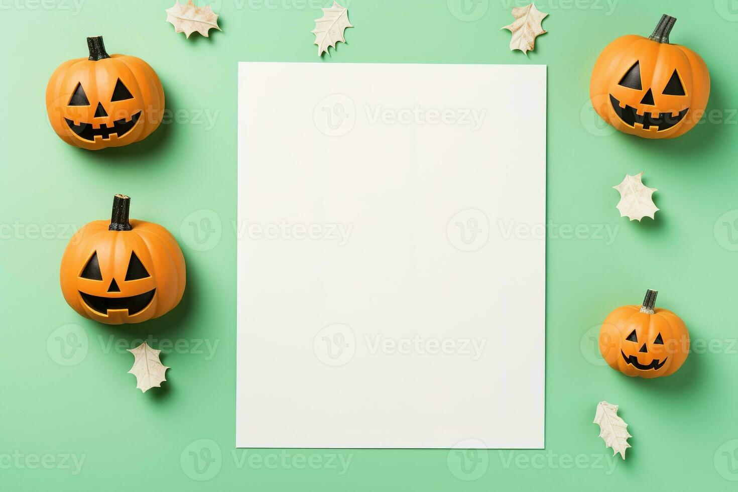 Blank paper sheet with Halloween decorations on pastel background. Greeting card, invitation mockup. Place for inscription. Pumpkin. Modern Minimal business template. top view. Generative AI photo