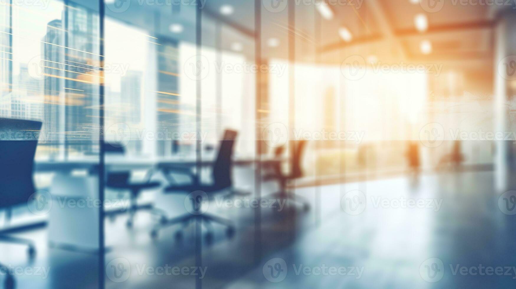 Blurred empty open space office. Design background with abstract light bokeh at office interior. Generative AI photo