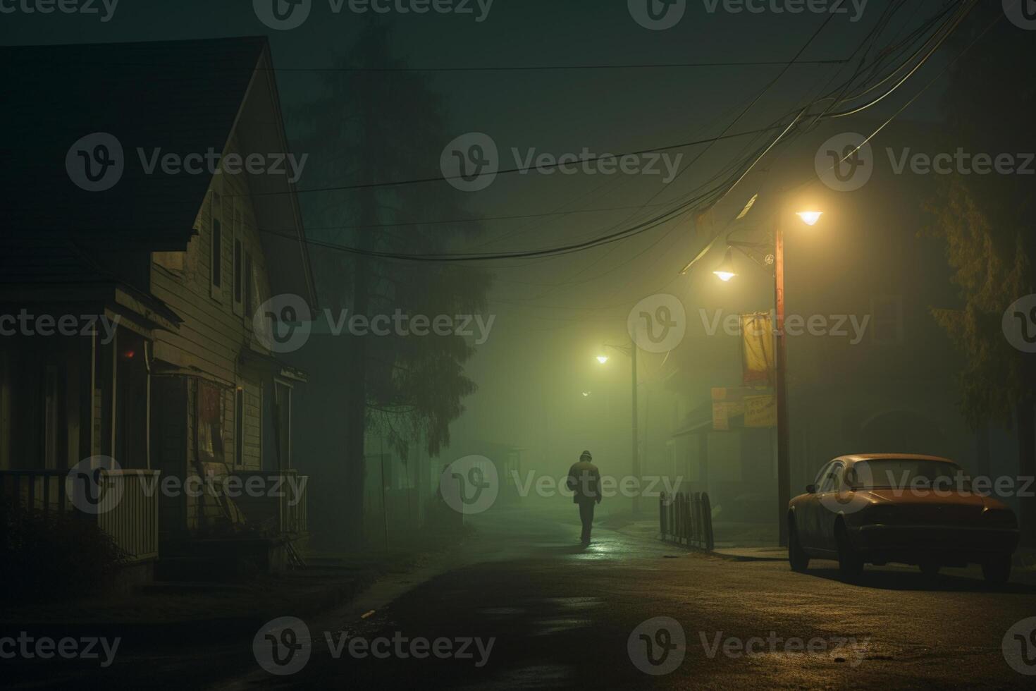 Empty illuminated ghost town street lamps lighting up the road through the trees and village in a fog on a rainy autumn day, street lanterns. English countryside scenes. photo