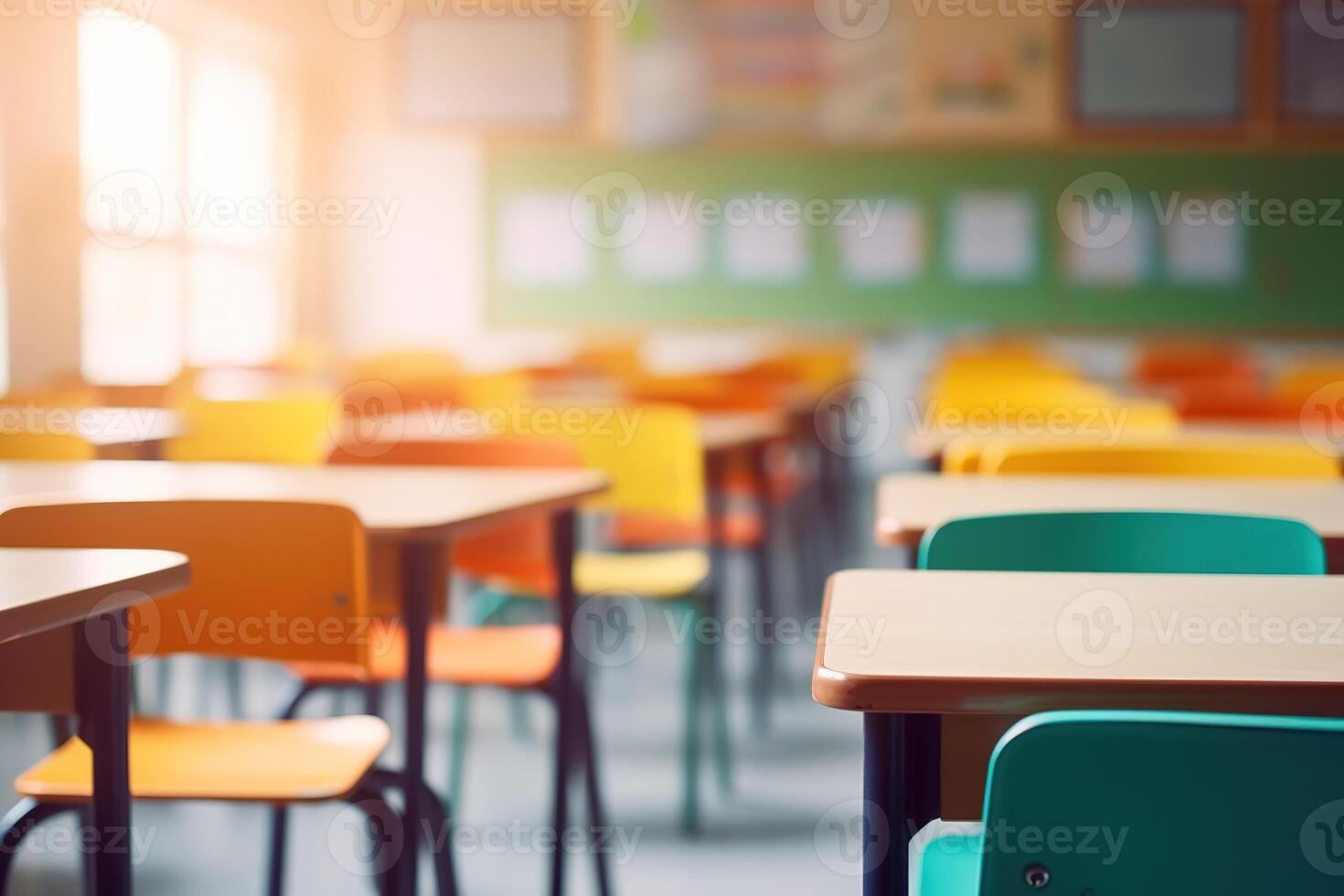 colegio salón de clases en difuminar antecedentes sin joven alumno. borroso ver de elemental clase habitación No niño o profesor con sillas y mesas en instalaciones. espalda a colegio concepto. generativo ai foto