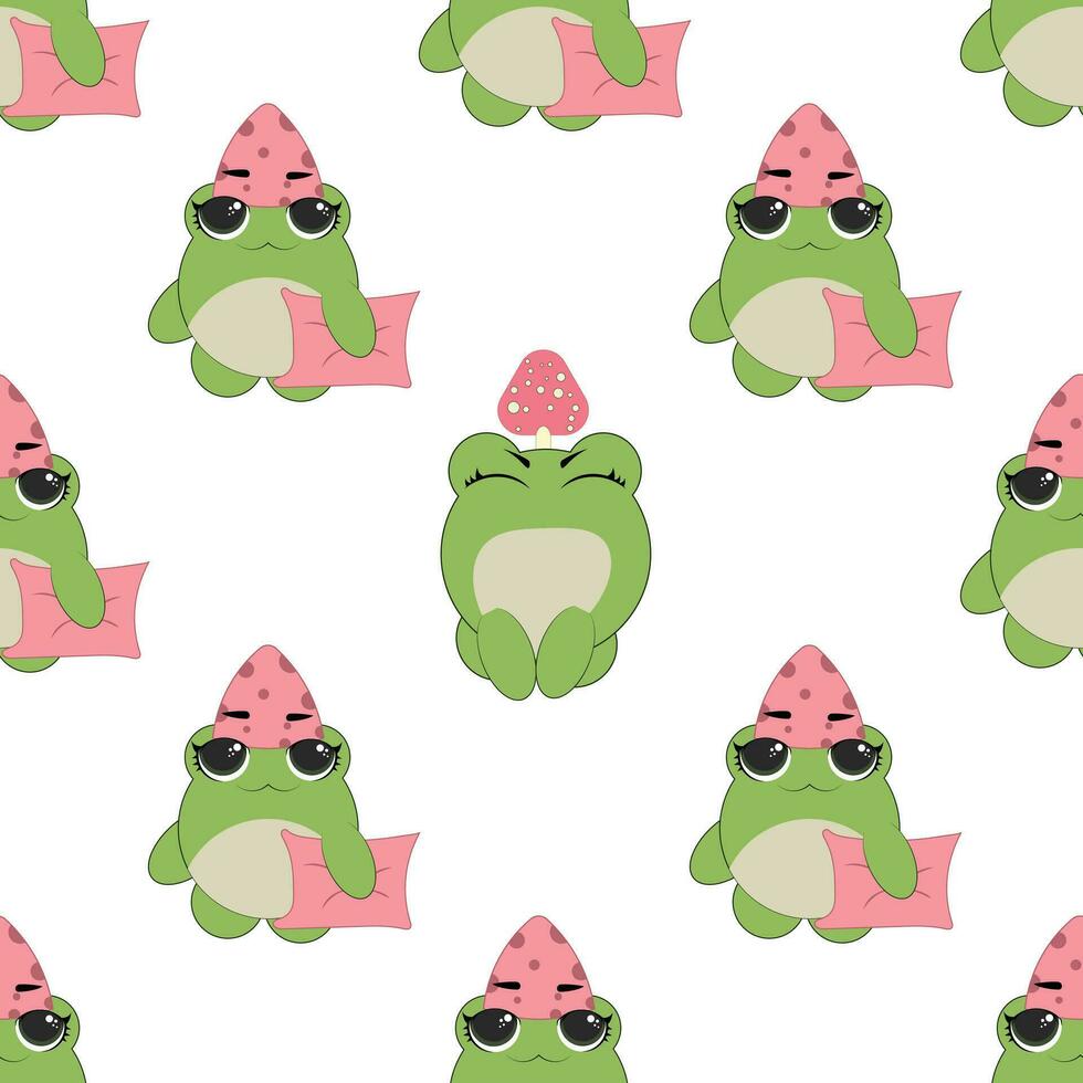 Vector seamless pattern of flat hand drawn frog face head isolated on white background