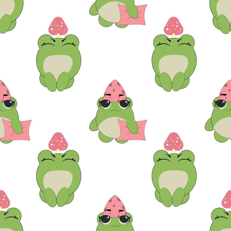 Vector seamless pattern of flat hand drawn frog face head isolated on white background