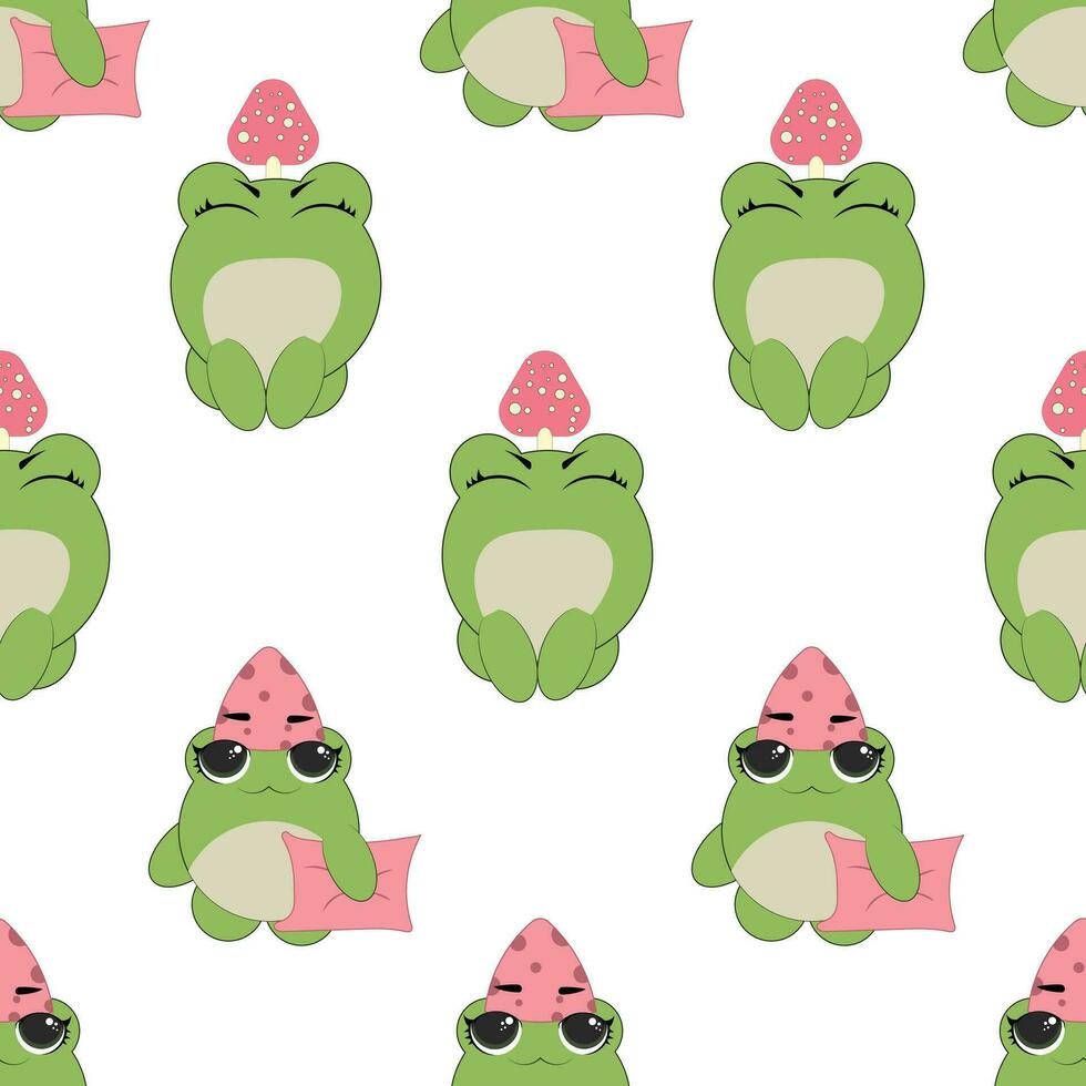Vector seamless pattern of flat hand drawn frog face head isolated on white background