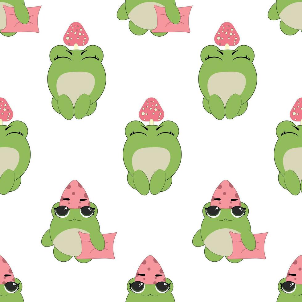 Vector seamless pattern of flat hand drawn frog face head isolated on white background