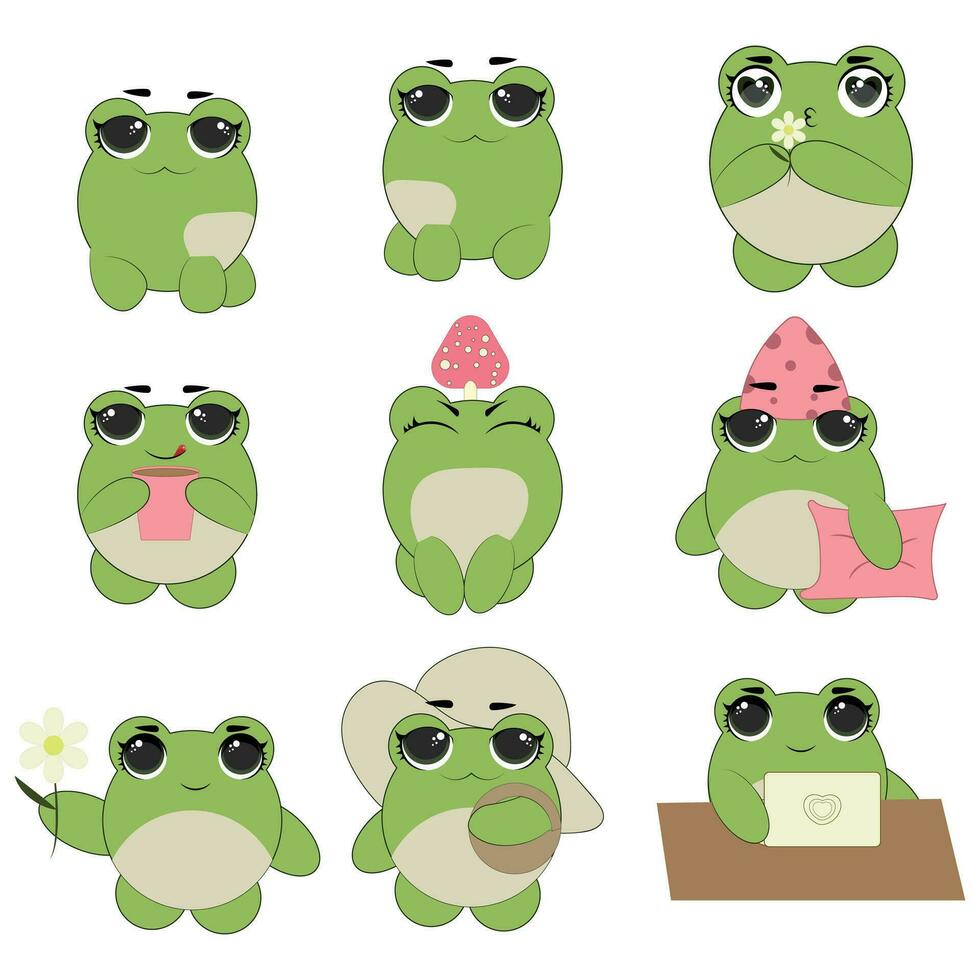 Cute emoticons character cartoon frog stickers emoticons with different emotions. Green frog. Vector illustration