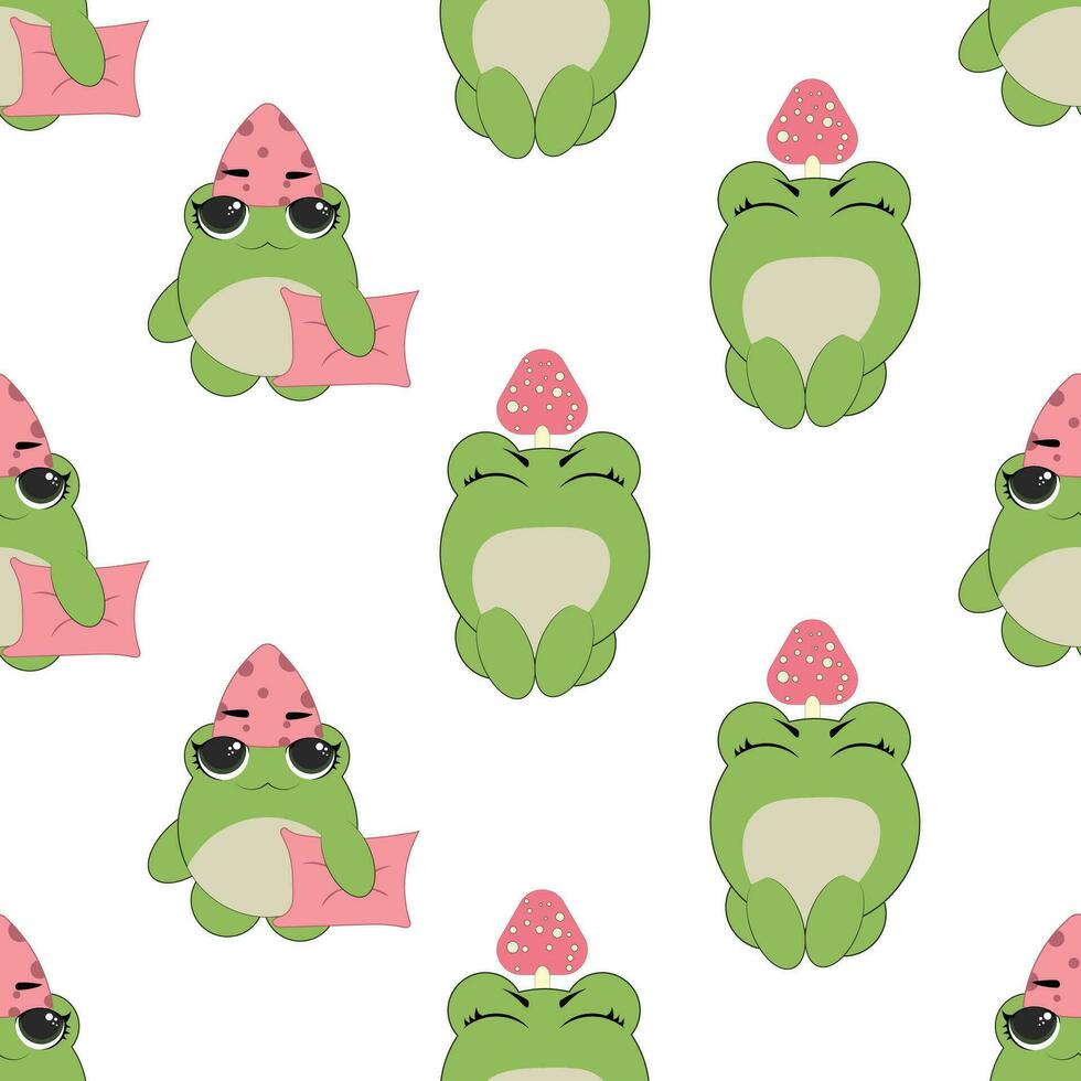 Vector seamless pattern of flat hand drawn frog face head isolated on white background