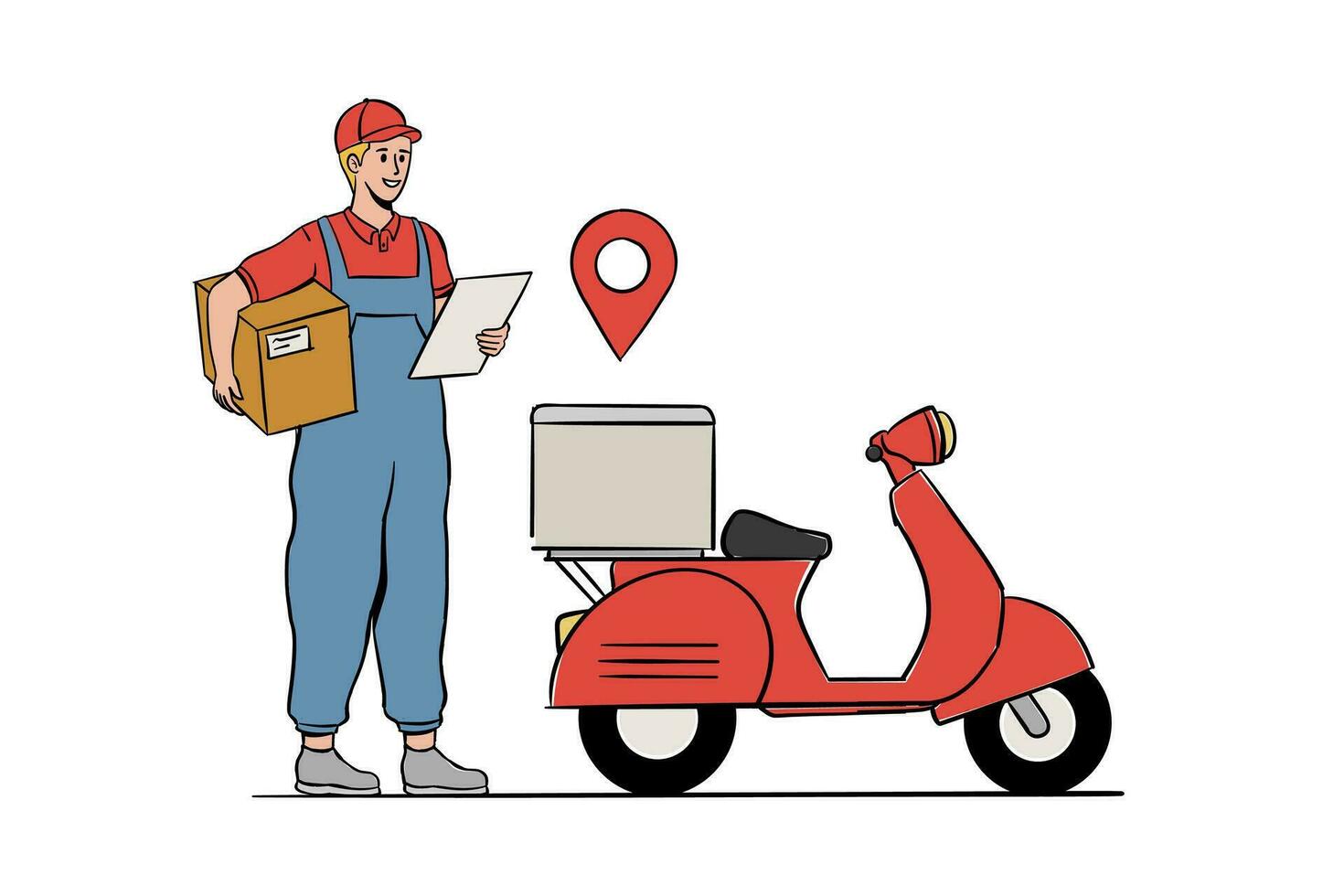 Delivery man carrying a package by holding a clipboard. Restaurant food service, mail delivery service, postal employee vector