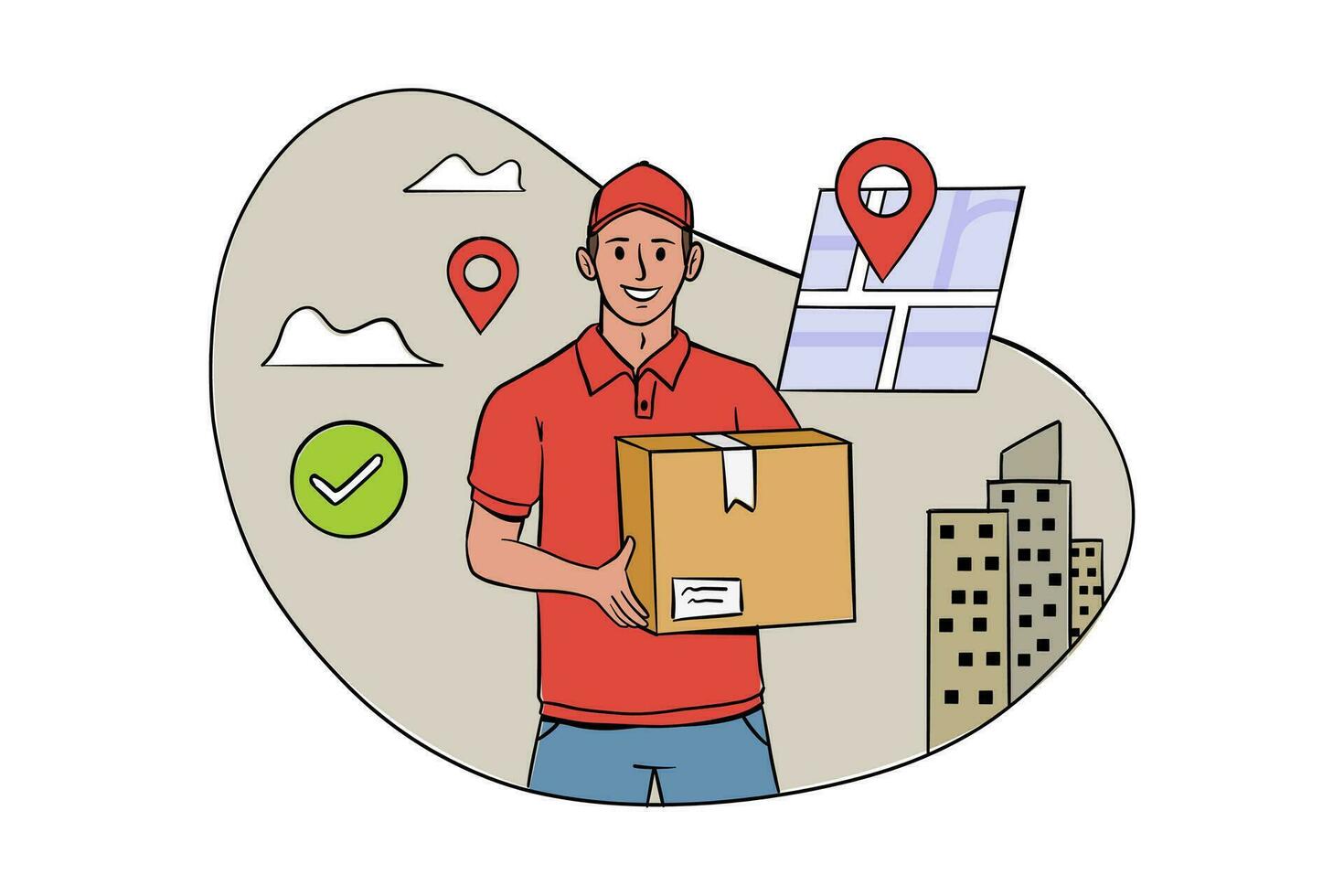 Delivery courier man holding a package. Happy delivery man, Delivery worker carrying package vector