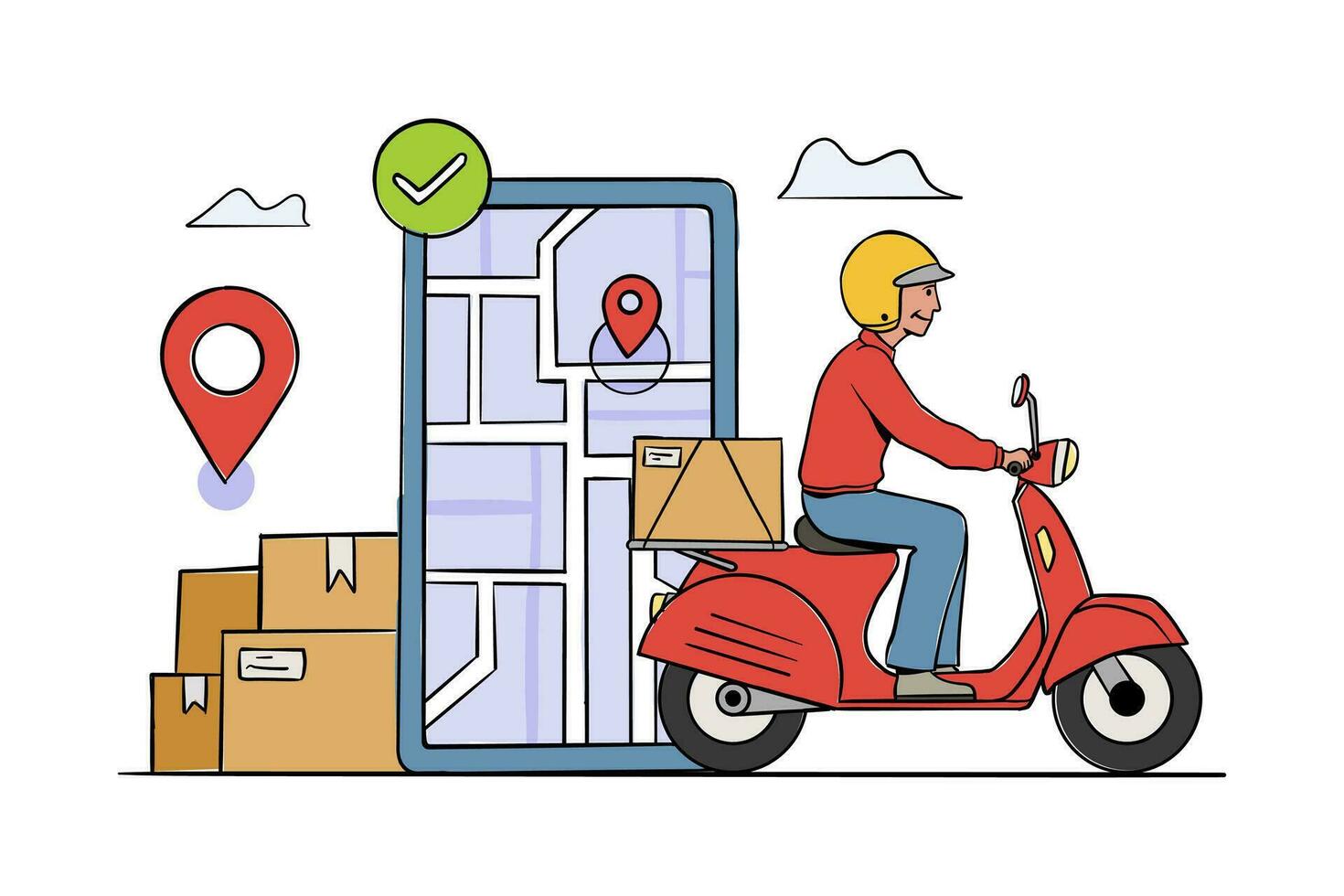 Delivery package by scooter, Tracking courier by map application. Delivery courier service illustration vector