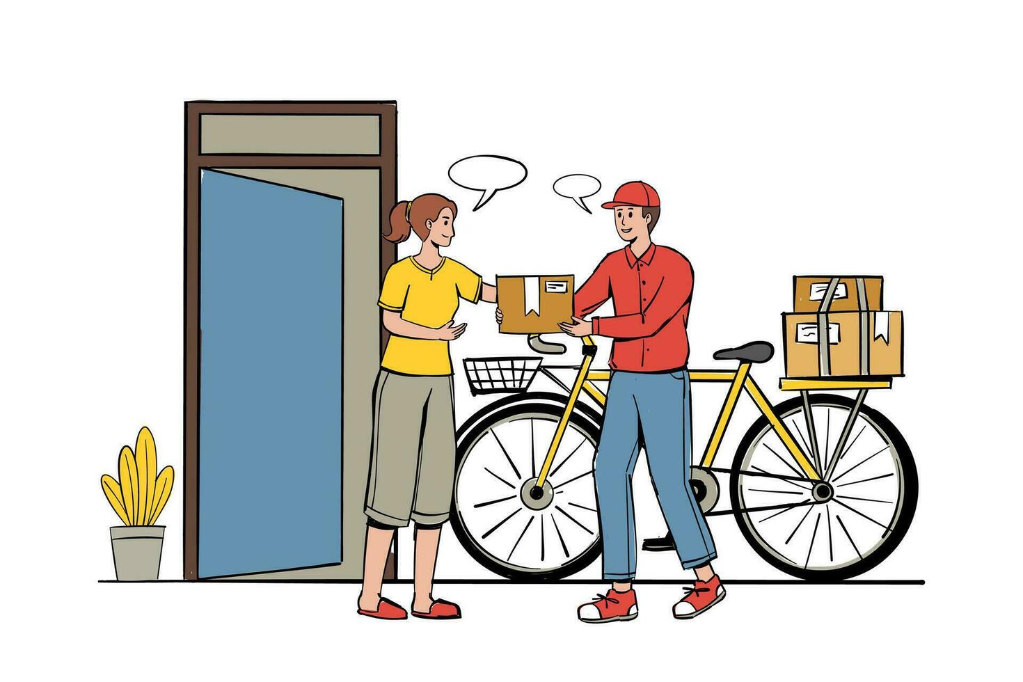 Delivery worker character vector illustration. Delivery courier in bicycle, Home delivery concept