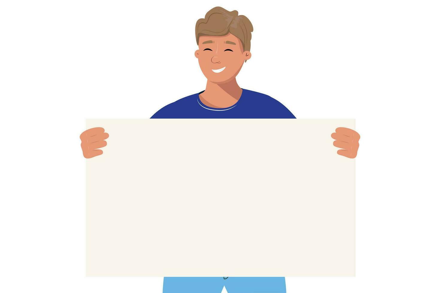 Happy man holding a blank banner. Design for your own text, message, advertisement vector