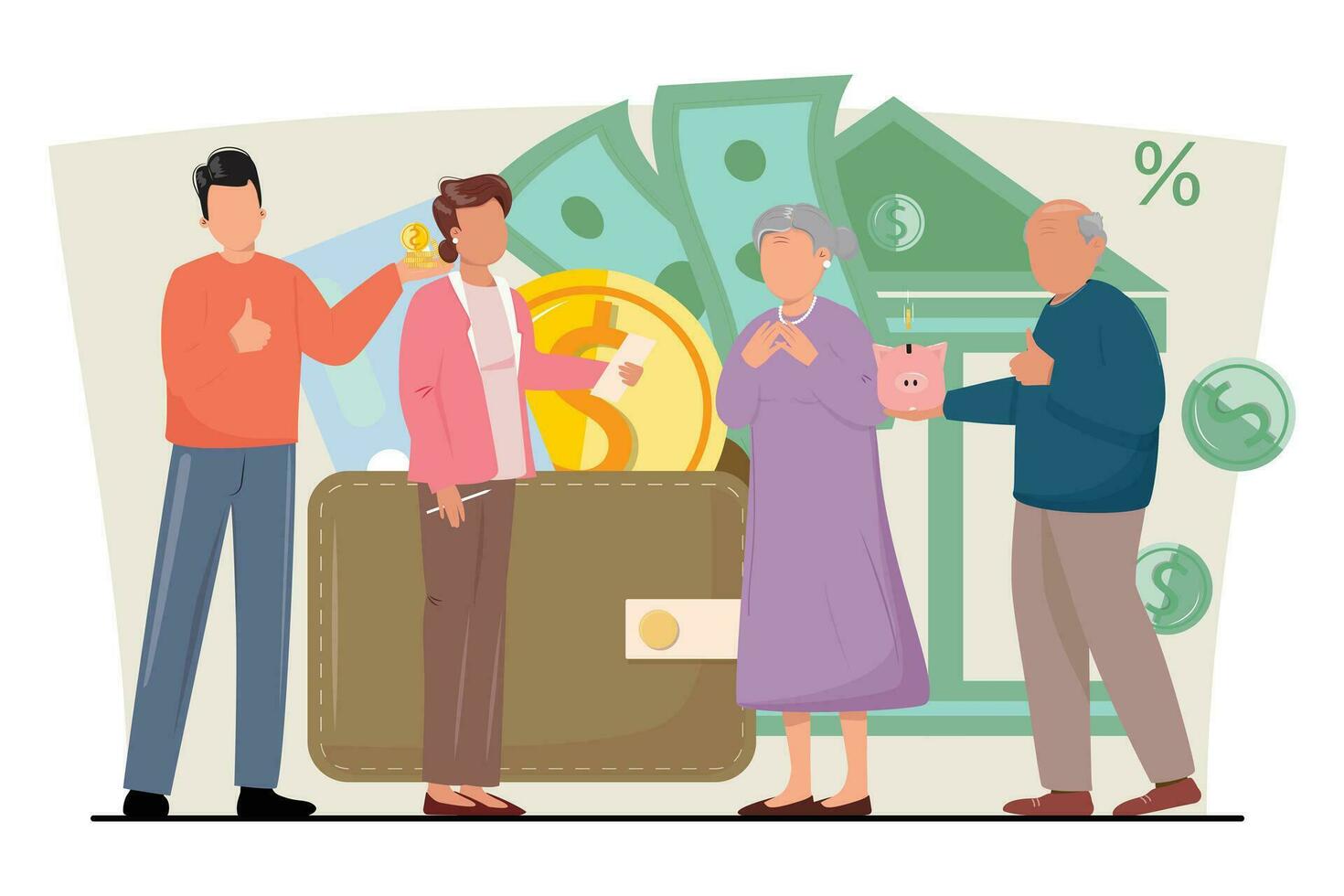 Group of people of different age saving money. Financial concept. vector