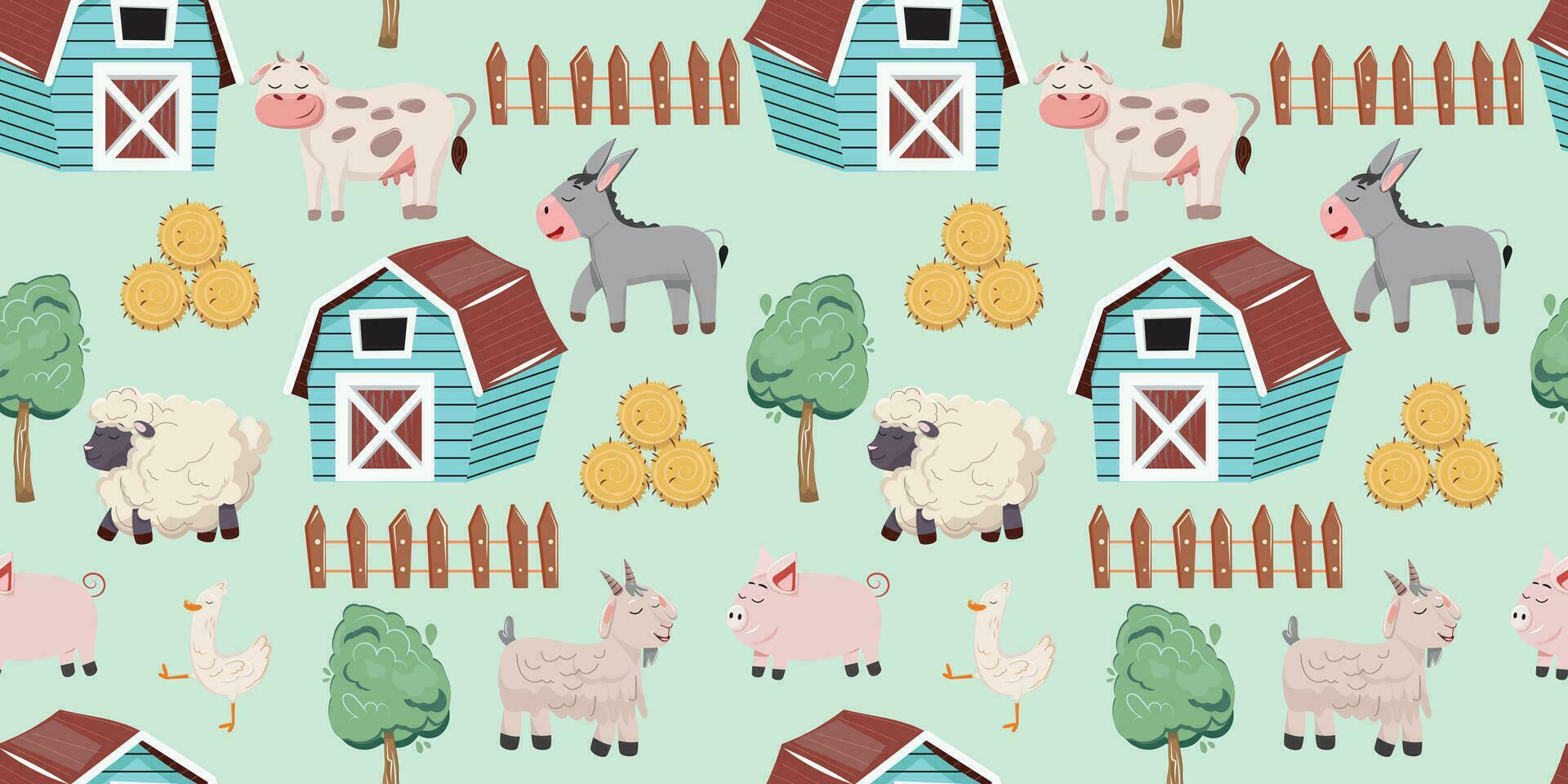 Seamless pattern with farm animals on green background vector