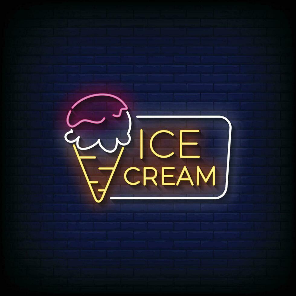 Neon Sign ice cream with brick wall background vector