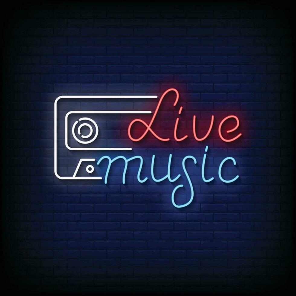 Neon Sign live music with brick wall background vector