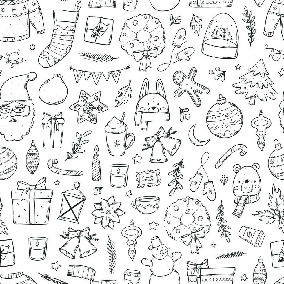 Christmas seamless pattern with doodles for coloring pages, wrapping paper, scrapbooking, stationary, wallpaper, prints, etc. Xmas monochrome repeat pattern. EPS 1 vector