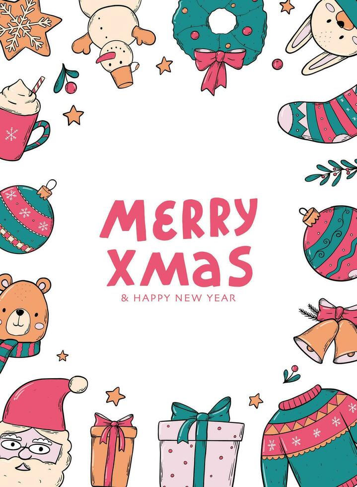 Merry Christmas and Happy New Year quote decorated with frame of doodles. Christmas card, prints, poster, invitation, template, etc. EPS 10 vector