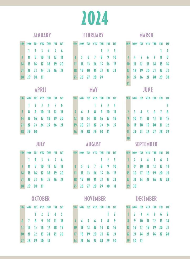 calendario 2024 año. semana empieza en domingo. diseño para planificador, impresión, papelería, organizador. vector