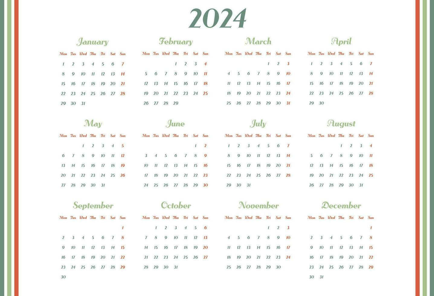 calendario 2024 año. semana empieza en lunes. diseño para planificador, impresión, papelería, organizador. vector