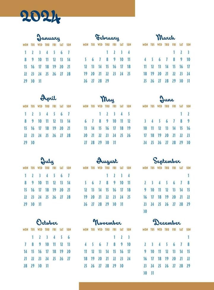 Calendar 2024 year. Week starts on Monday. Design for planner, printing, stationery, organizer. vector