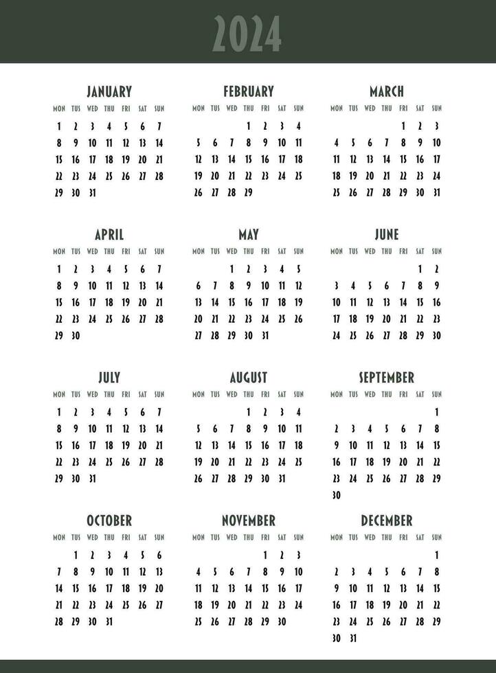 Calendar 2024 year. Week starts on Monday. Design for planner, printing, stationery, organizer. vector