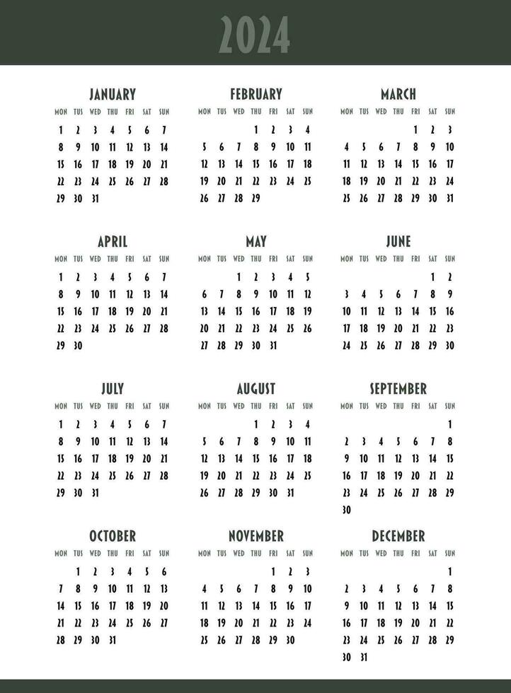 calendario 2024 año. semana empieza en lunes. diseño para planificador, impresión, papelería, organizador. vector