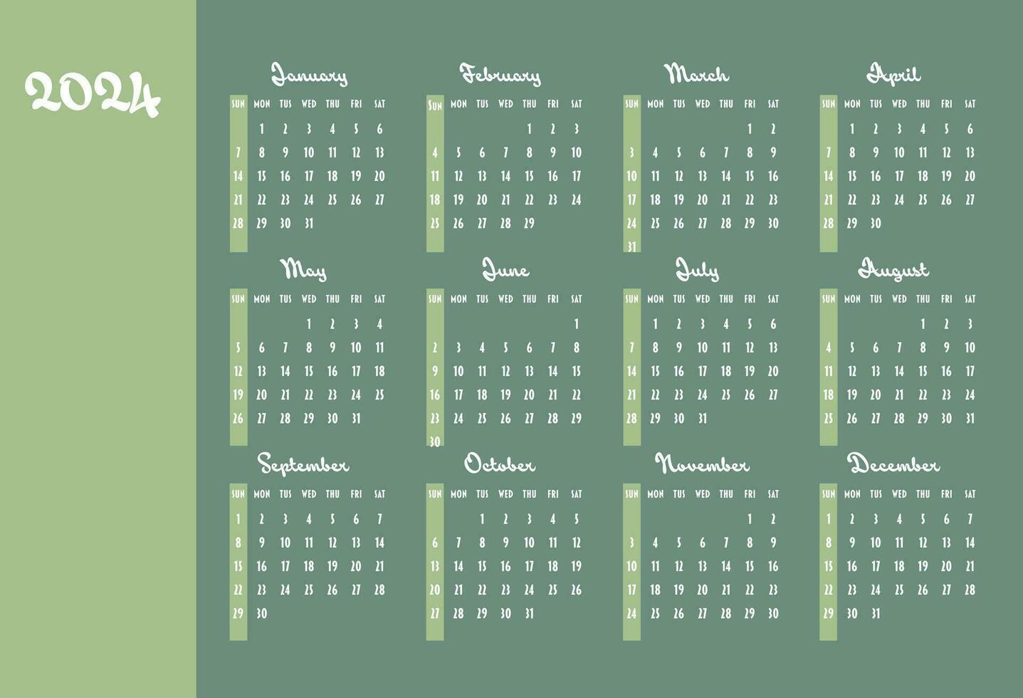 Calendar 2024 year. Week starts on Sunday. Design for planner, printing, stationery, organizer. vector