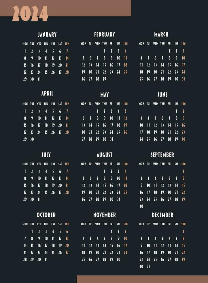 Calendar 2024 year. Week starts on Monday. Design for planner, printing, stationery, organizer. vector