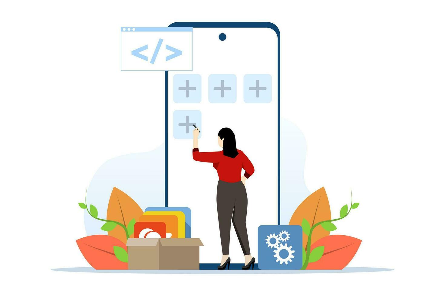The development team develops mobile applications. Development and programming. application development technology, mobile interface, designing and programming. Flat vector illustration.