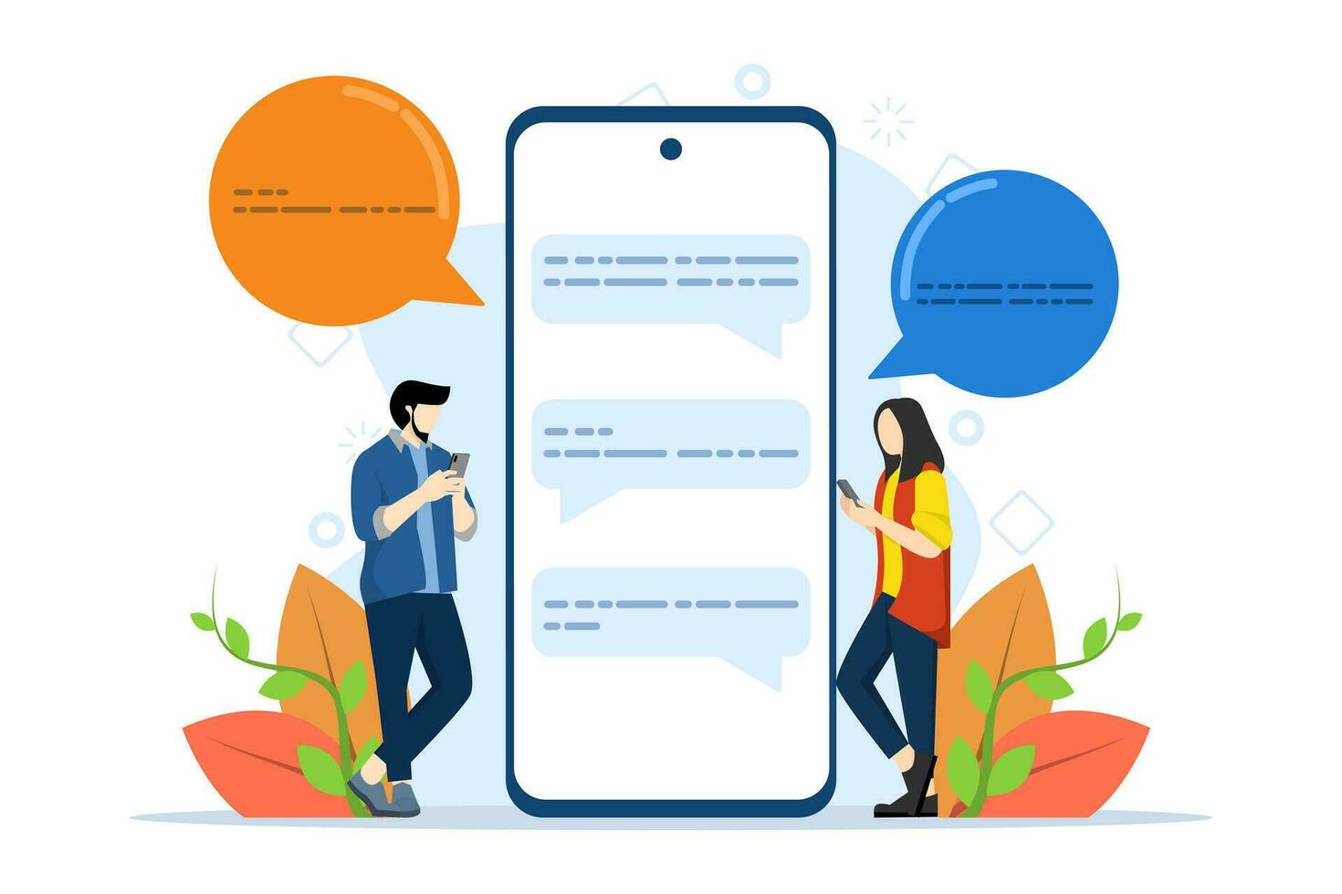 Communication concept of team working online with mobile app. communicate online with colleagues or friends. social network meeting for business, flat vector illustration on white background.