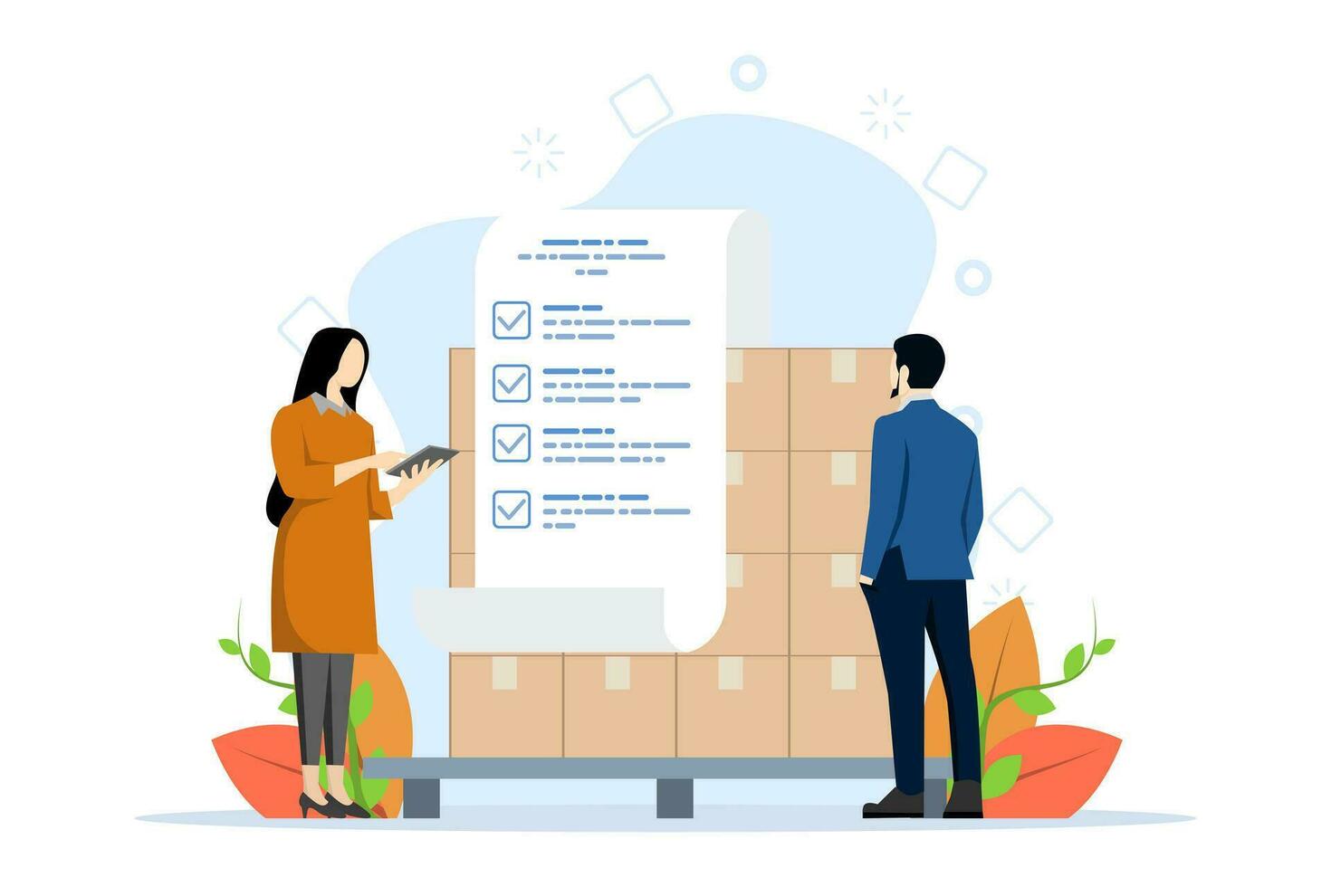 Inventory control illustration concept. warehouse management, organize and record incoming and outgoing goods. Illustration for website, landing page, mobile app, poster and banner. vector