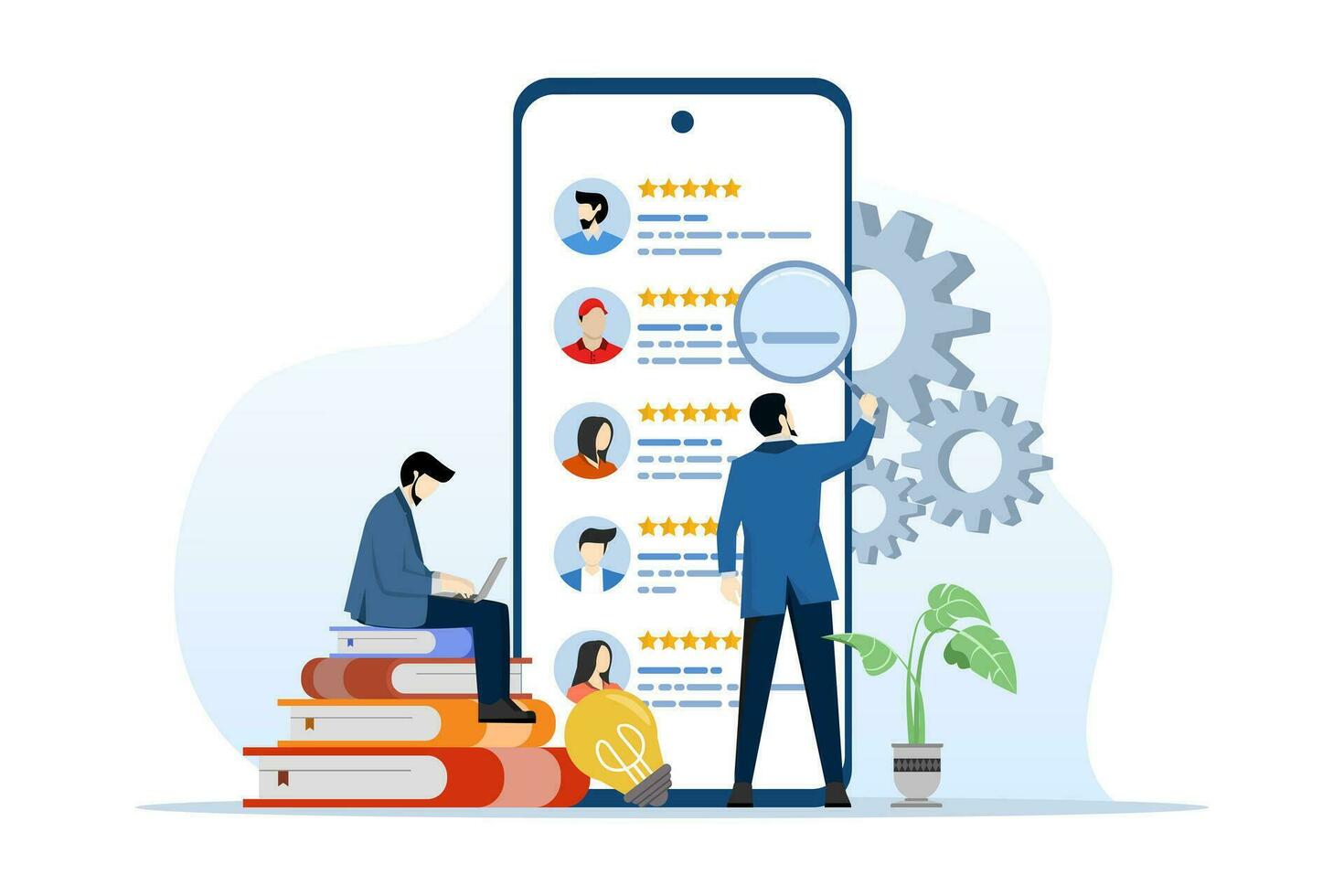 business team concept searching people profiles on cell phone for job recruitment, work team studying online meeting. Work online with social media technology. Flat vector cartoon character design.