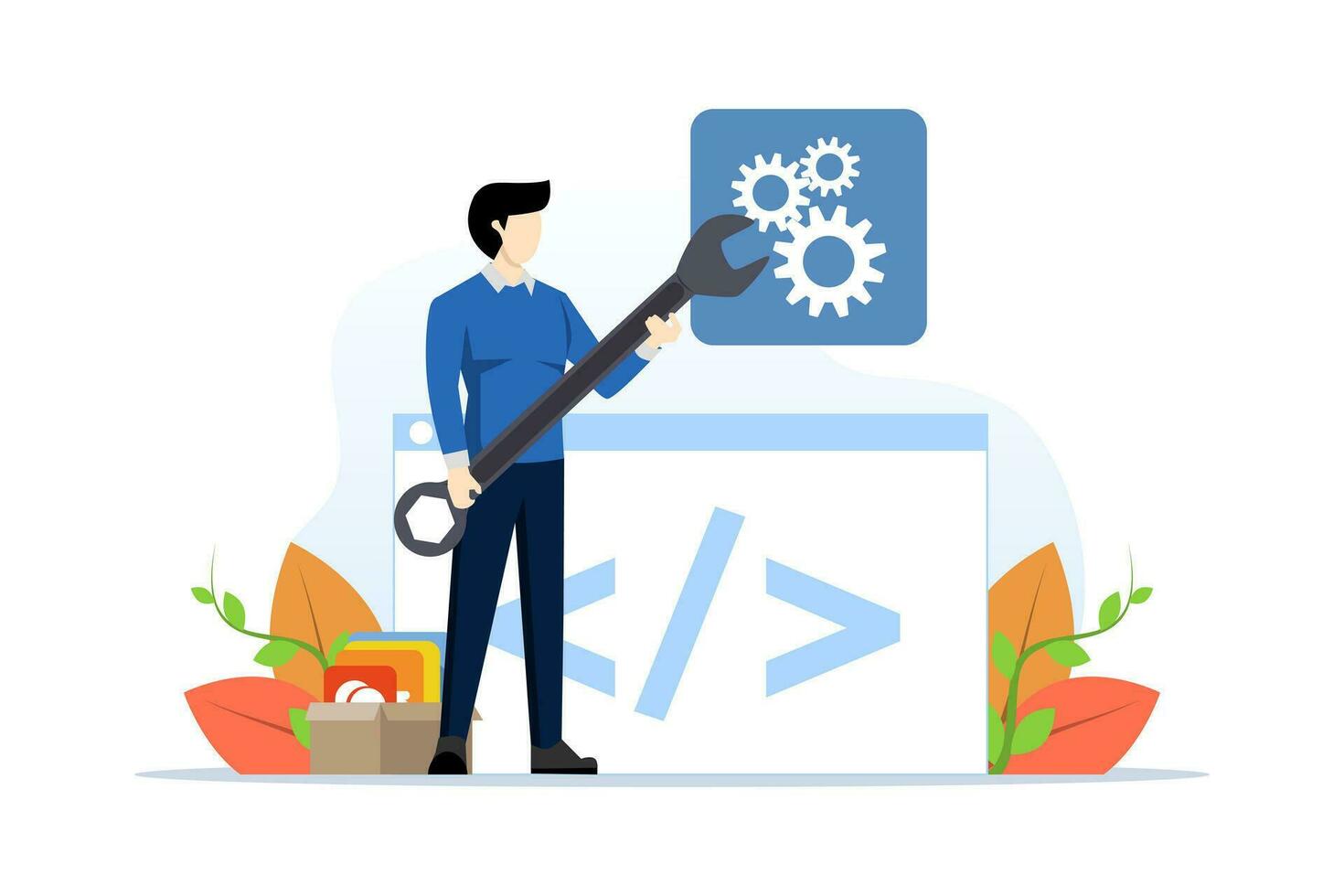 The development team develops mobile applications. Development and programming. application development technology, mobile interface, designing and programming. Flat vector illustration.