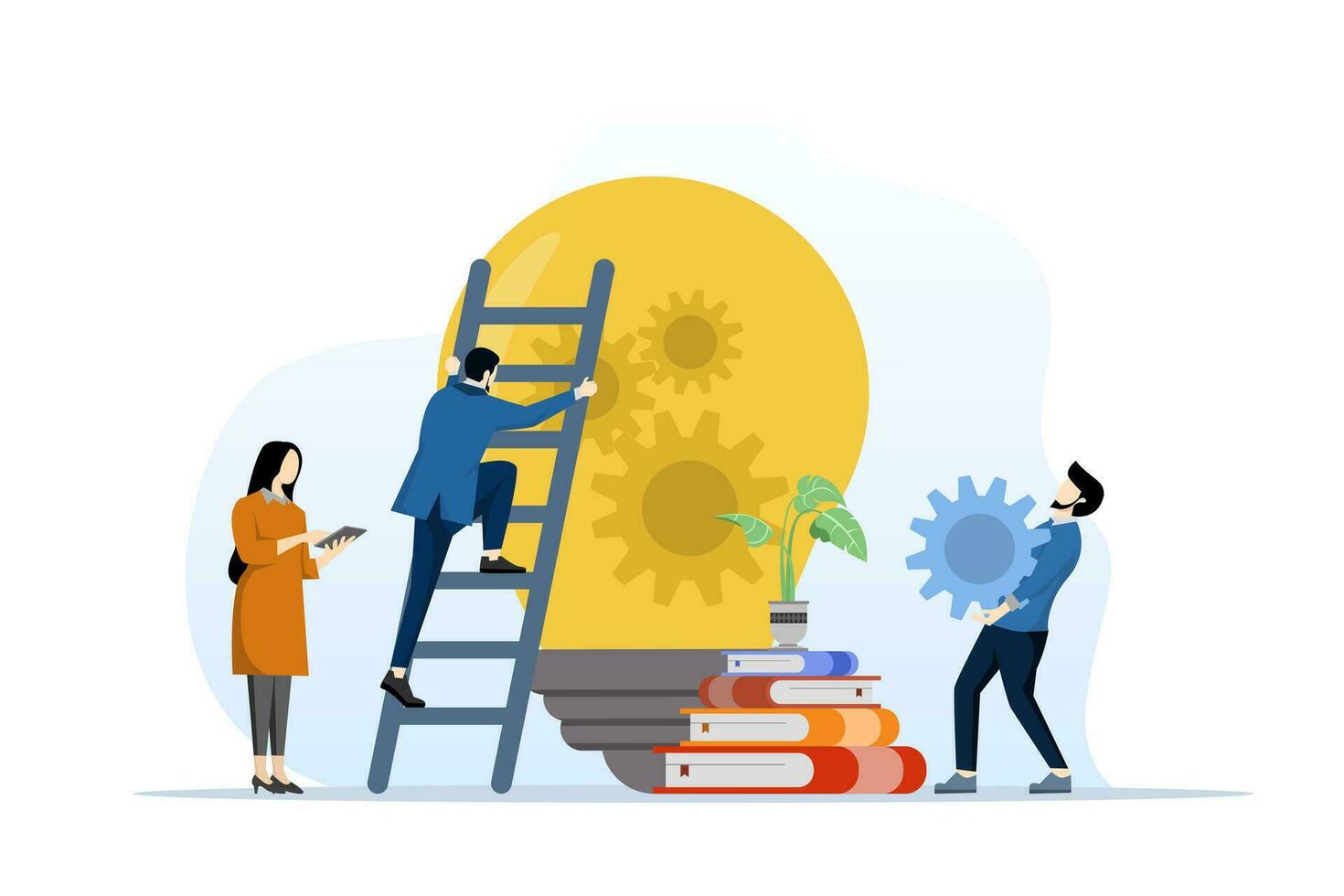 concept of teamwork in generating solution or idea, Business People Meeting Learn And Generate Ideas With Light Bulbs, team of business people doing brainstoming, flat vector illustration.