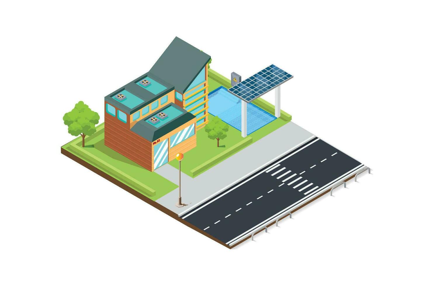 Isometric eco-friendly swimming pool heater,with solar panels, Suitable for Diagrams, Play Assets and Other assets vector