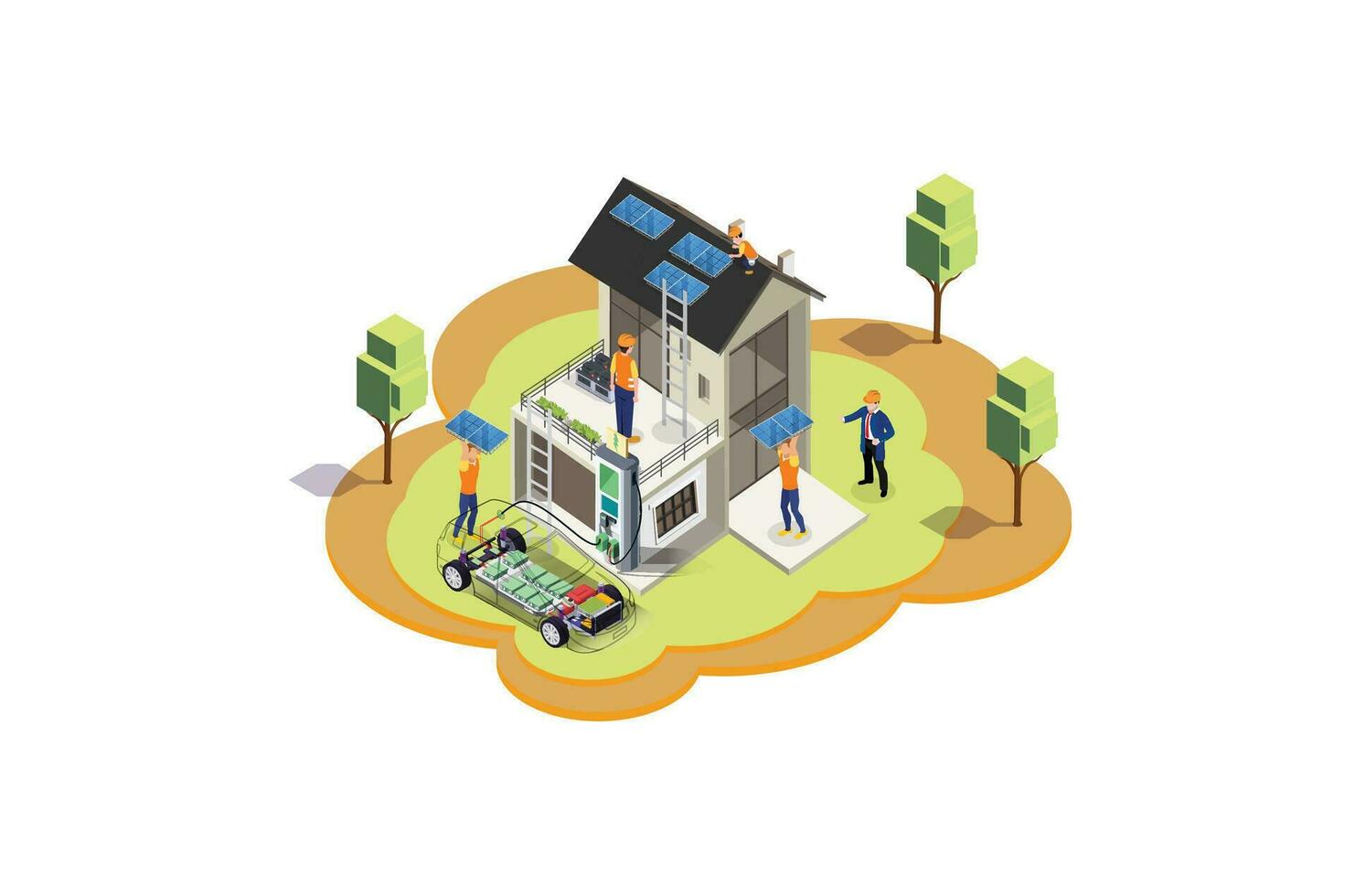 Isometric illustration of charging an electric car battery at home using solar panels, Suitable for Diagrams, Infographics And Other Graphic Related Assets vector