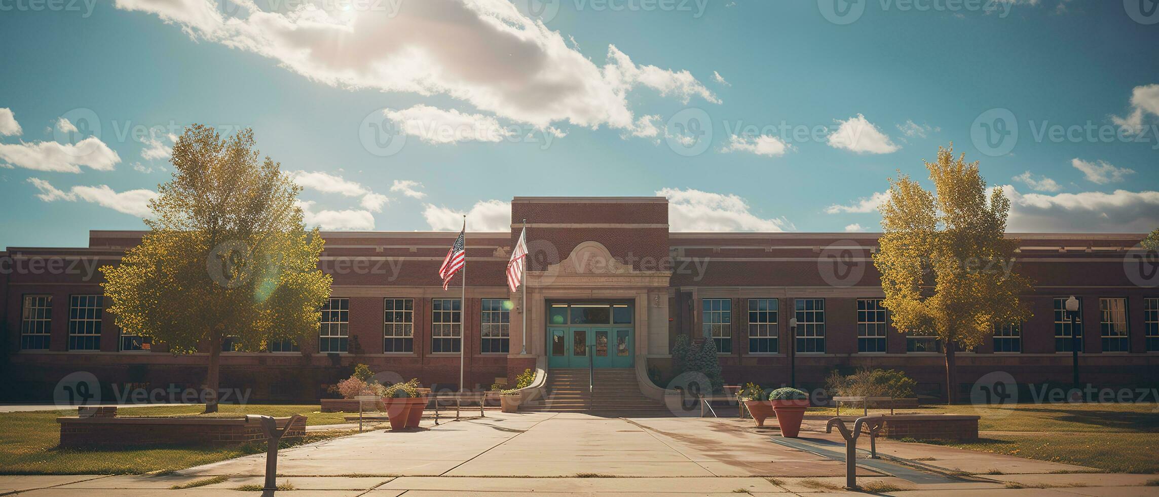Exterior view of a typical American school. Generative AI photo