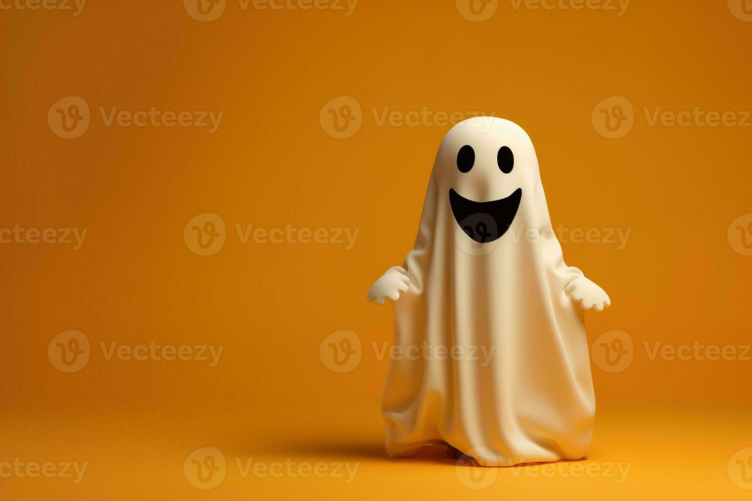 Happy Halloween, Cute little kid in ghost costume on isolated background. Generative AI photo