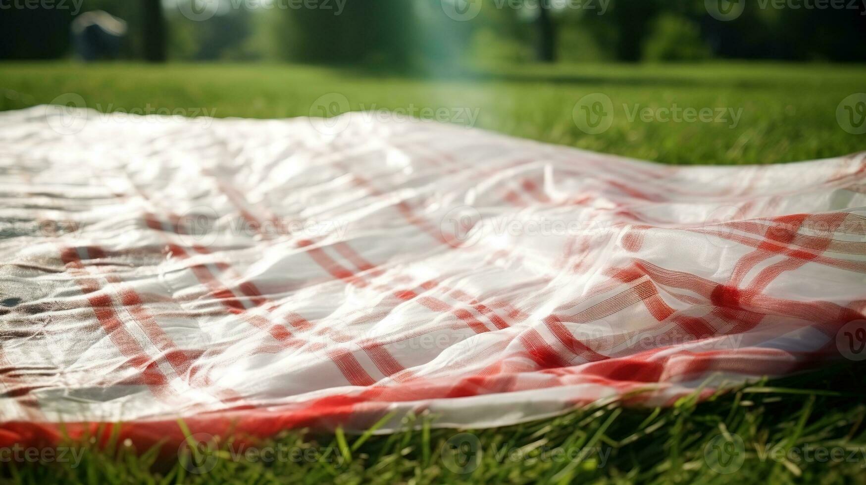 Red and white plaid picnic blanket on top of a green field in sunny day on grass of lawn in summer park. Blurred Background. Generative AI photo