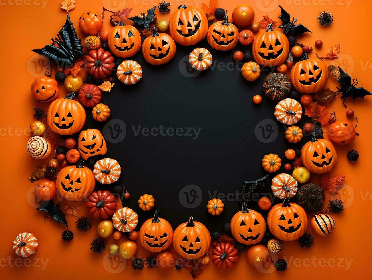 Halloween frame flat lay. Modern pumpkins jack o lantern, spiders, bats frame on background with space for text. Season's greeting card. Happy Halloween. Generative AI photo