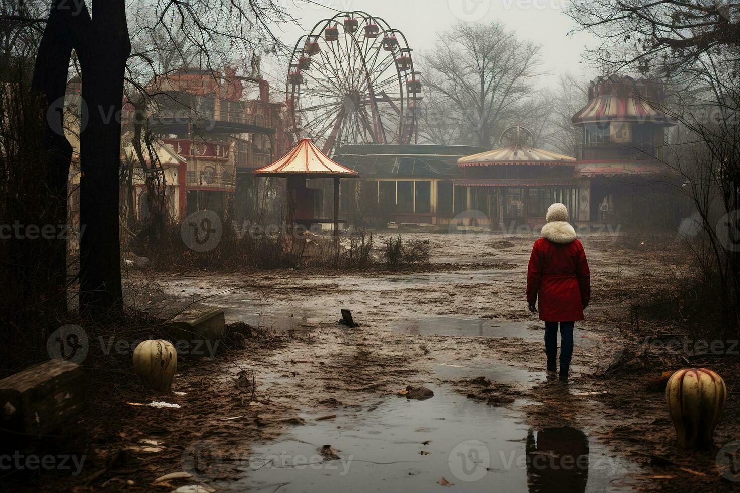 Nighttime abandoned amusement park with sanatorium, ferris wheel, and foggy park. Background concept for Halloween. Generative AI photo