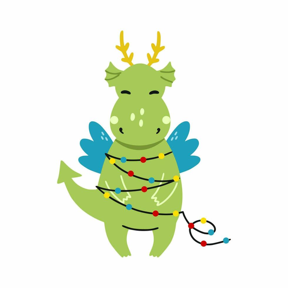 Funny cute dragon got tangled in a garland. symbol of new year 2024 according to Eastern calendar.  illustration in style of doodles. Cartoon sticker. vector