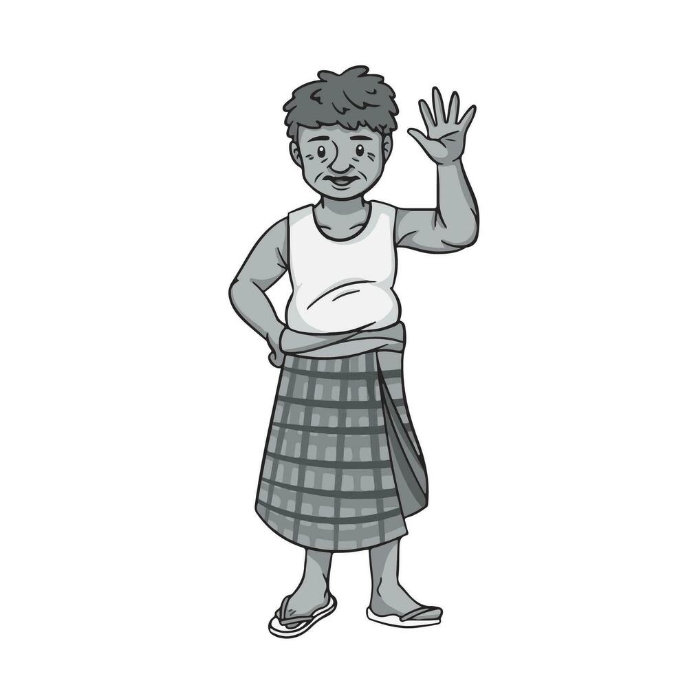 Grayscale Indonesian middle aged man with tan skin wearing white tank top sarong skirt pants isolated on plain background. Bapak berkulit sawo matang, berkaos kutang, sarung biru, bersandal jepit. vector